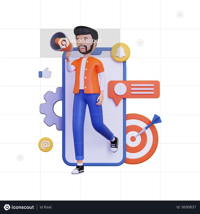 Mobile marketing with holding megaphone loudspeaker and dartboard  3D Illustration