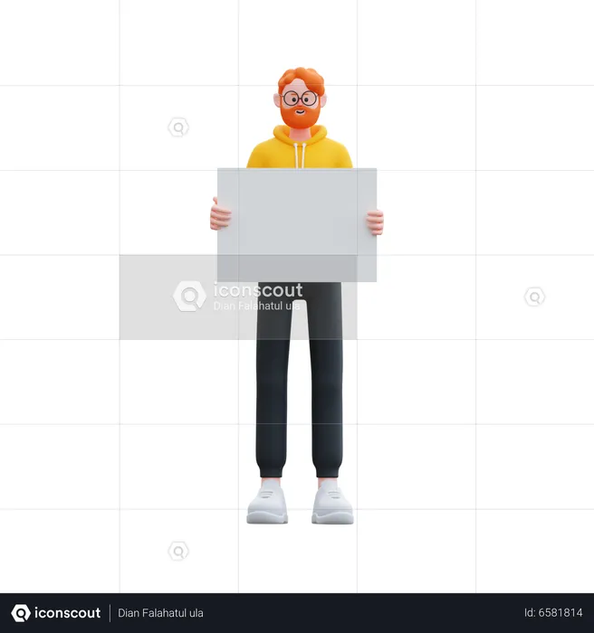 Homem com capuz segurando um quadro em branco  3D Illustration