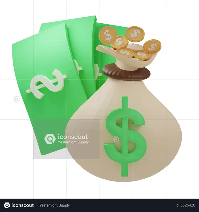 Premium Money bag and dollars 3D Icon download in PNG, OBJ or Blend format