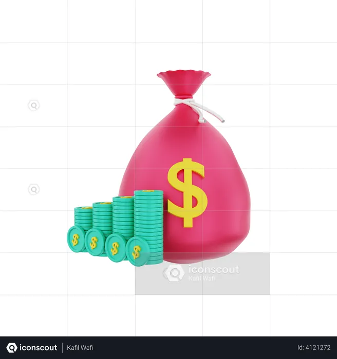 Money sack with stacked dollar coins  3D Illustration