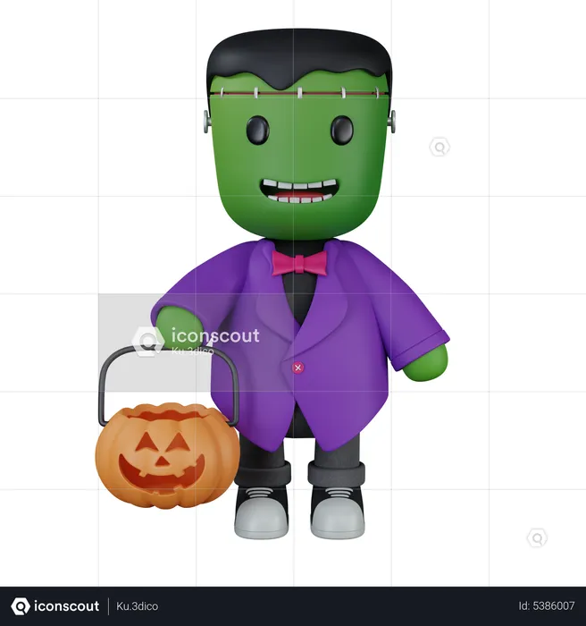 Monster with pumpkin bag  3D Icon