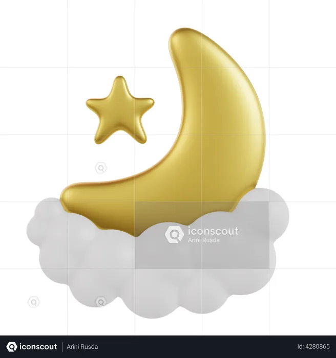 Moon And Star On Clouds  3D Icon