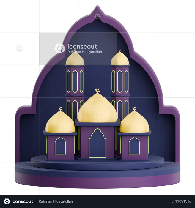 Mosque Door With Podium And Mosque For Ramadan Celebration  3D Illustration