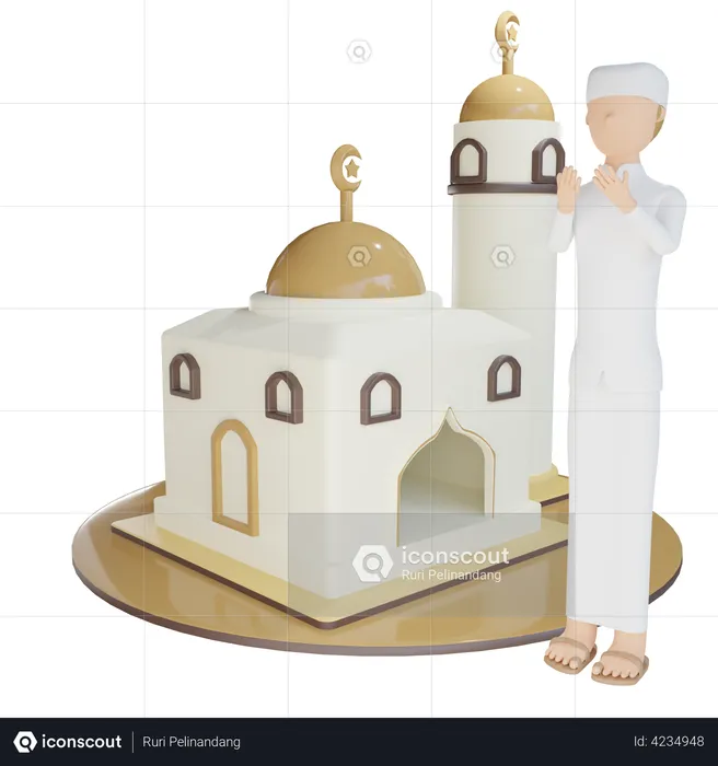 Mosque With Man Prayer  3D Illustration