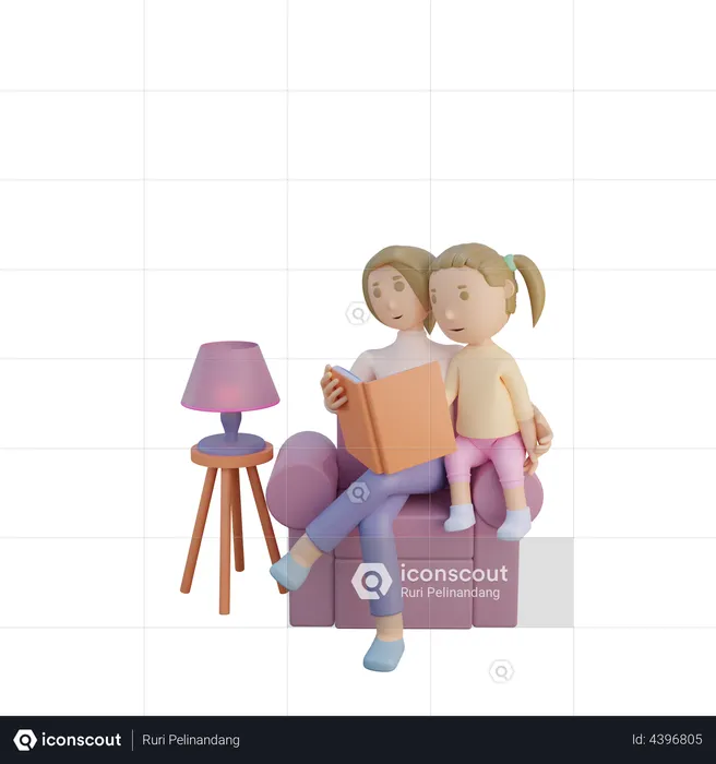 Mother and daughter reading book together  3D Illustration