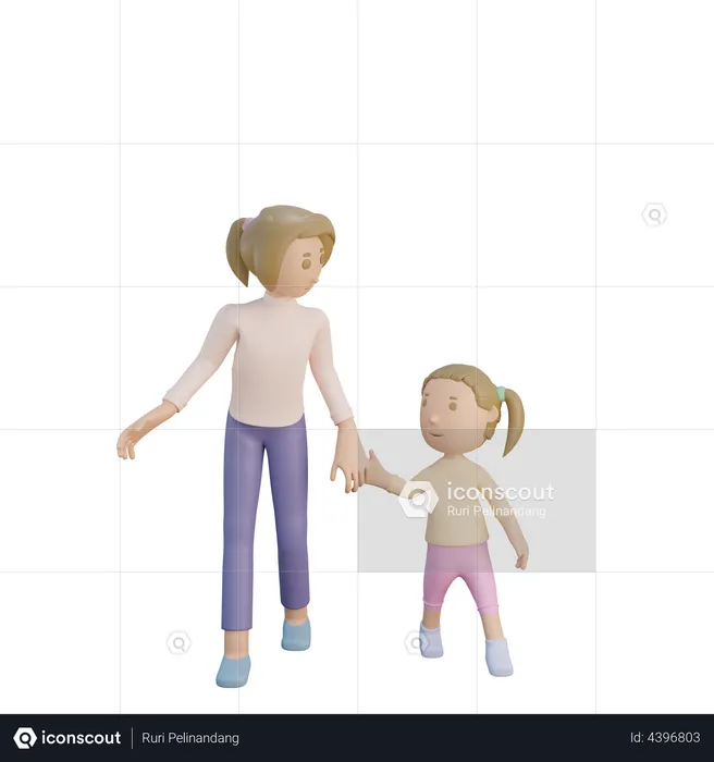 Mother and daughter walking together  3D Illustration