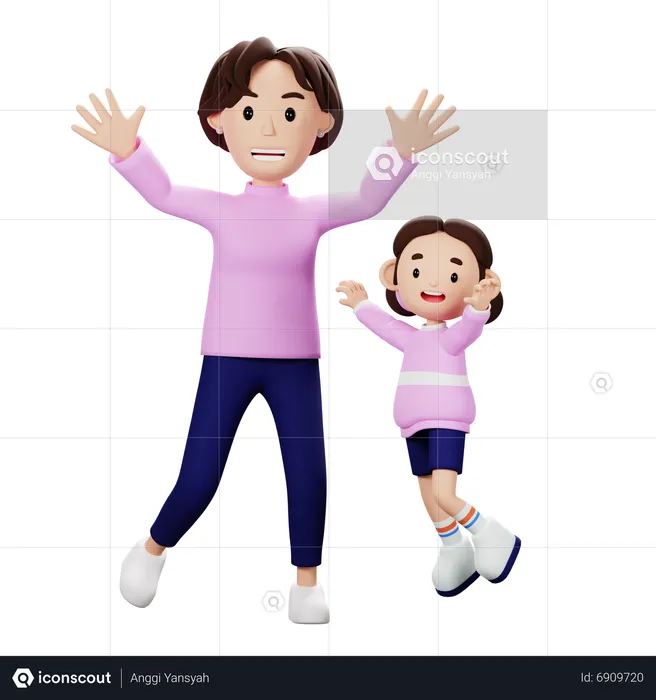 Mother And Soon Celebrate With Jumping  3D Illustration