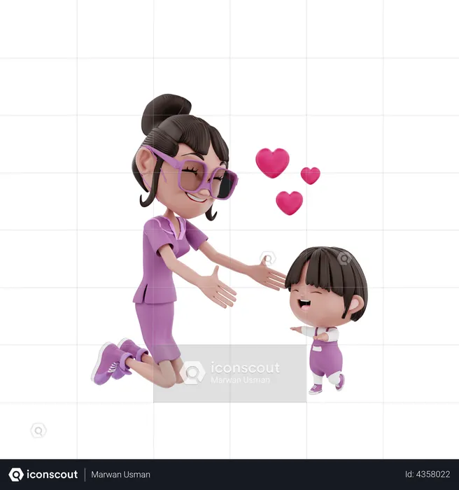 Mother spreading her arm toward kid  3D Illustration