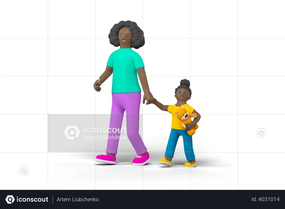 Mother Walking with Daughter  3D Illustration