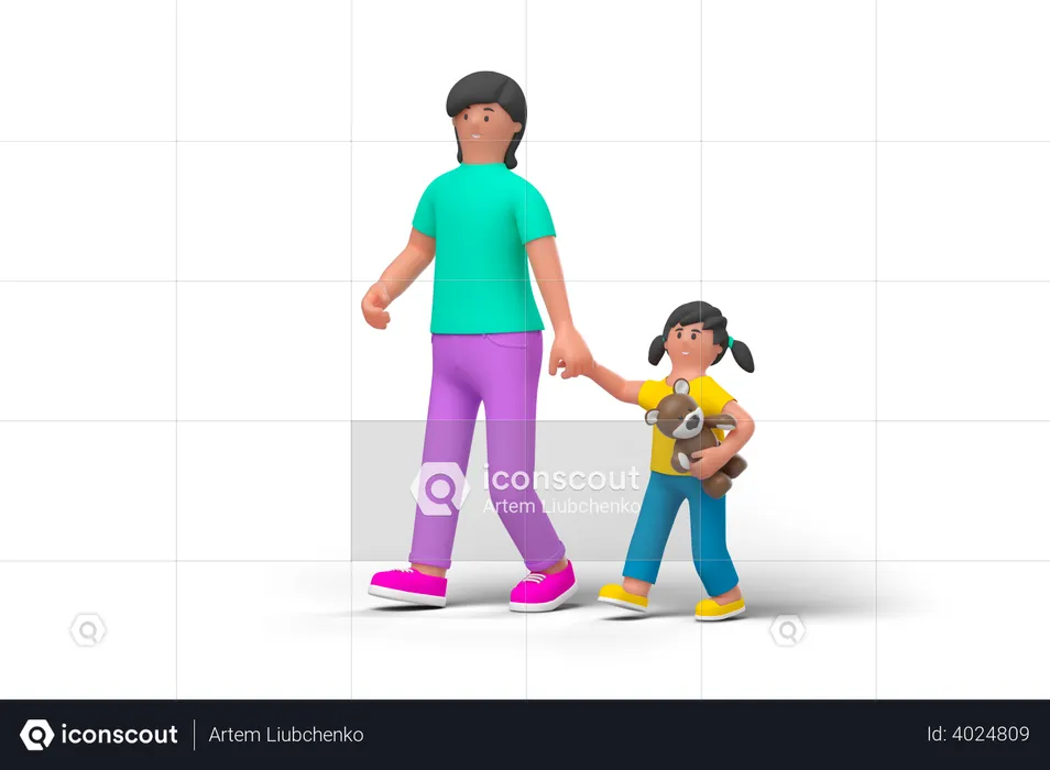 Mother Walking with Daughter  3D Illustration