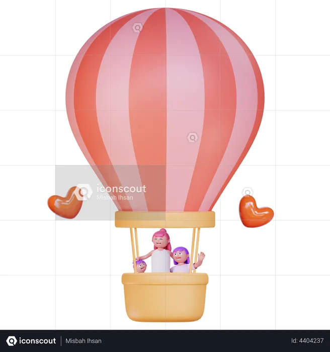 Mother with kids riding on hot air balloon  3D Illustration