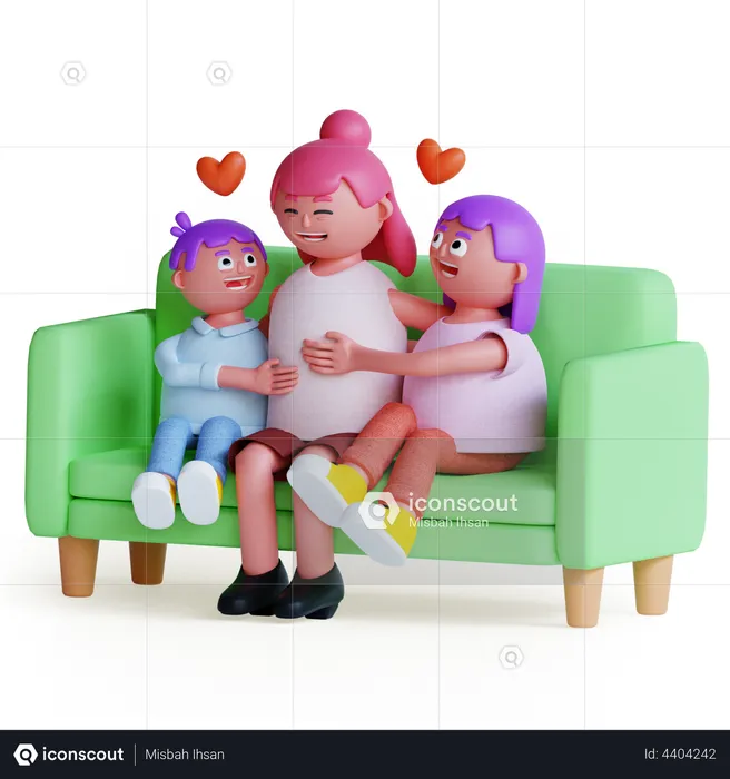 Mother with kids sitting on sofa  3D Illustration