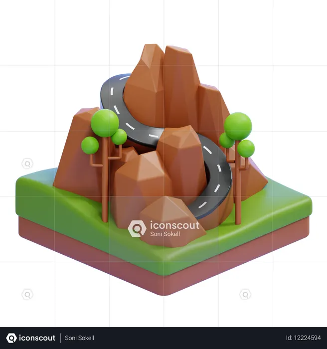Mountain Hill With Winding Road And Trees  3D Icon