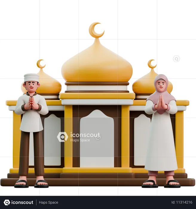 Muçulmanos no Eid Fitr em frente à mesquita  3D Illustration