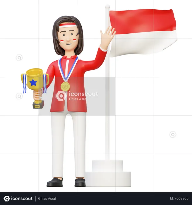 Mujer atleta campeona sosteniendo el trofeo ganador  3D Illustration