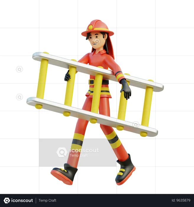 Mujer bombero llevando escalera  3D Illustration