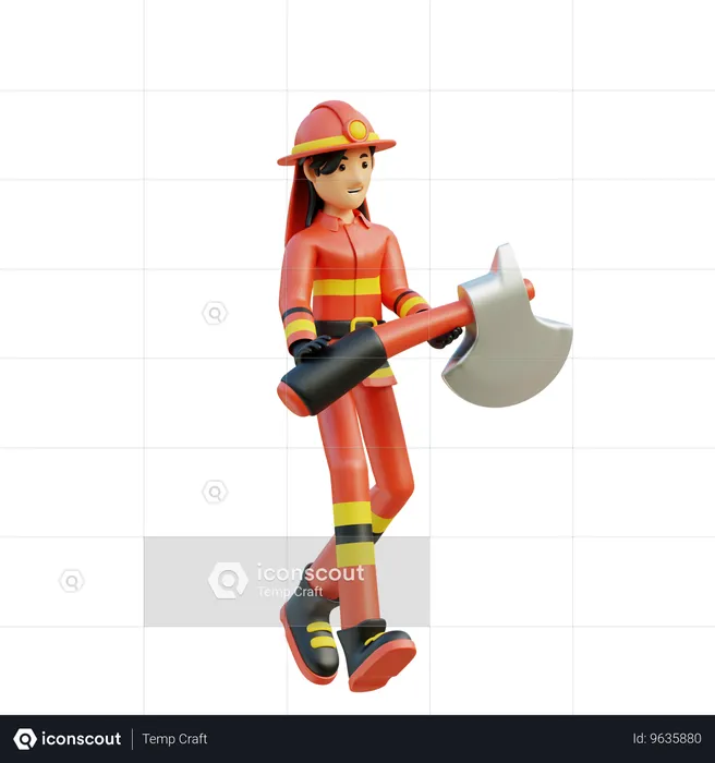 Mujer bombero llevando un hacha  3D Illustration