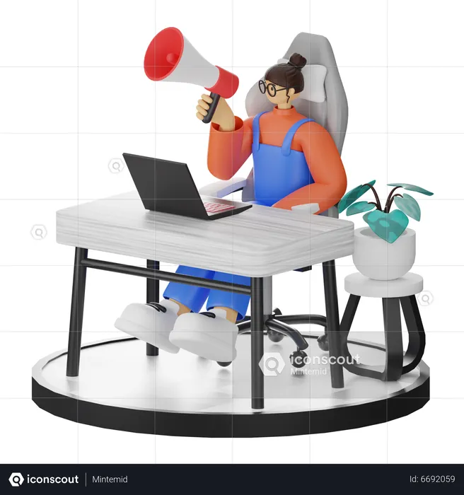 Mujer comercializadora sosteniendo megáfono  3D Illustration