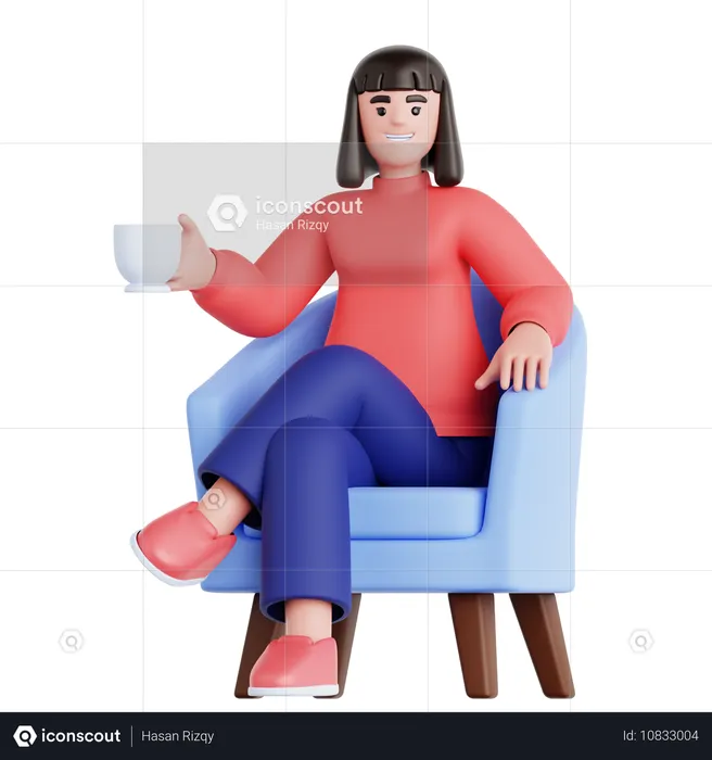 Mujer con taza de bebida sentada en el sofá  3D Illustration