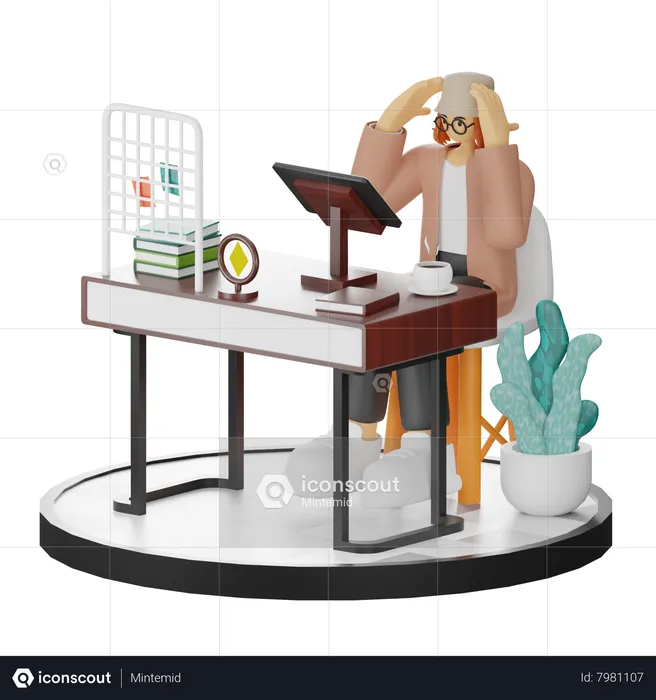 Mujer confundida usando computadora en un espacio de trabajo limpio  3D Illustration