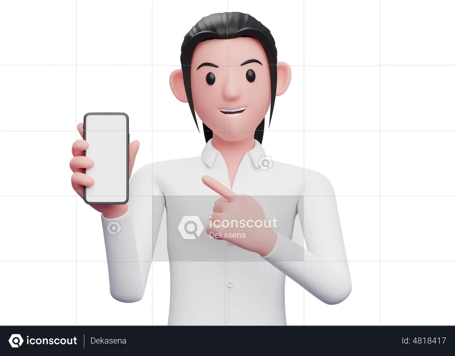 Mujer de negocios apuntando con el teléfono celular en la mano  3D Illustration