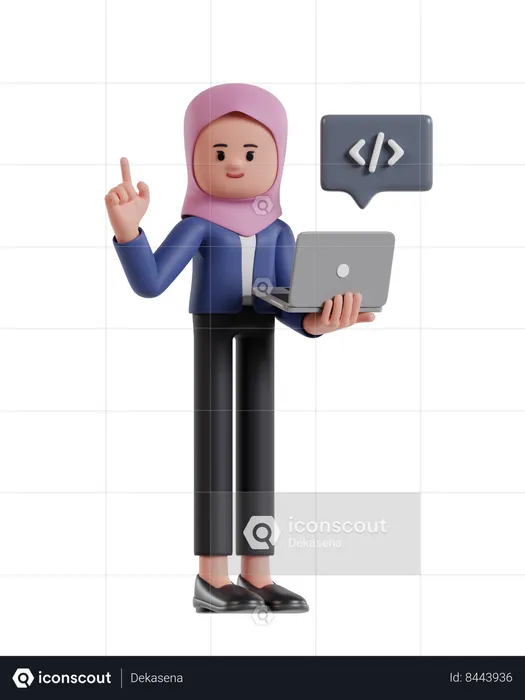 Empresaria con hijab desarrollando sitio web en computadora portátil  3D Illustration