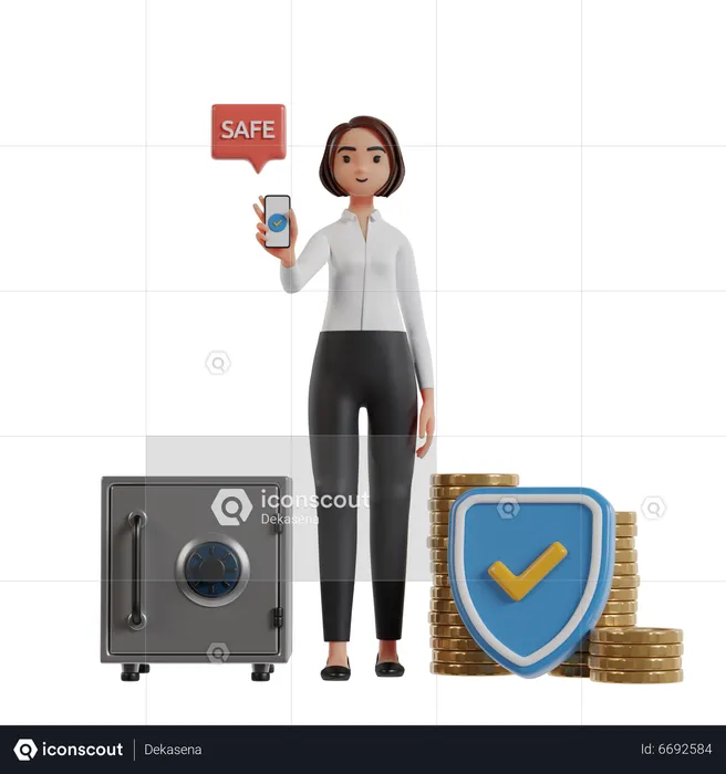 Mujer de negocios que ofrece aplicación móvil de seguro financiero  3D Illustration