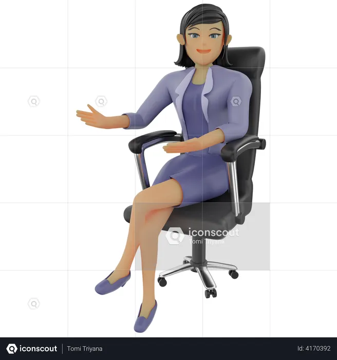 Mujer de negocios sentada con pose de bienvenida  3D Illustration