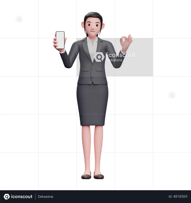 Mujer de negocios sosteniendo un teléfono inteligente y mostrando el dedo ok  3D Illustration