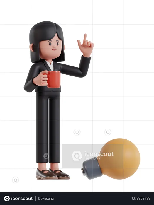 Mujer de negocios sosteniendo una taza de café e inspirándose  3D Illustration