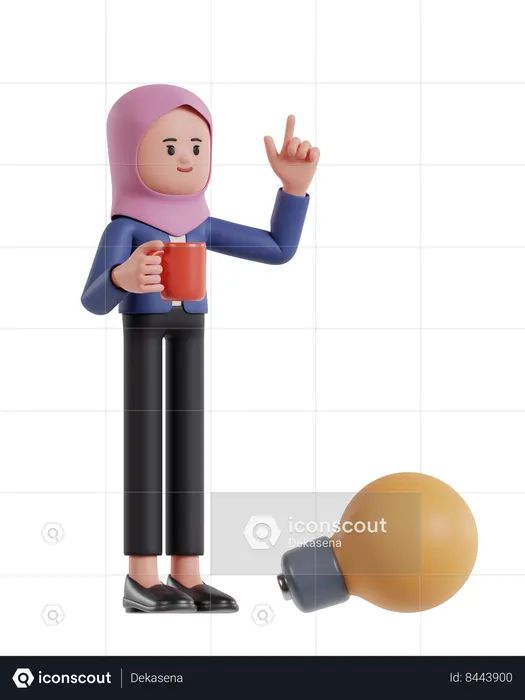 Mujer de negocios usando hijab sosteniendo una taza de café e inspirándose  3D Illustration