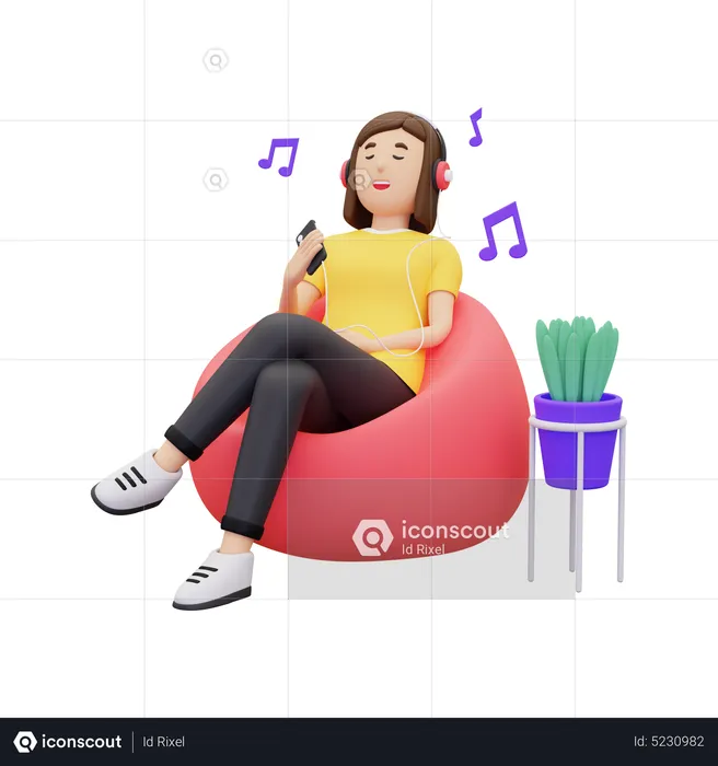 Mujer disfrutando de la música mientras está sentada en una bolsa de frijoles  3D Illustration