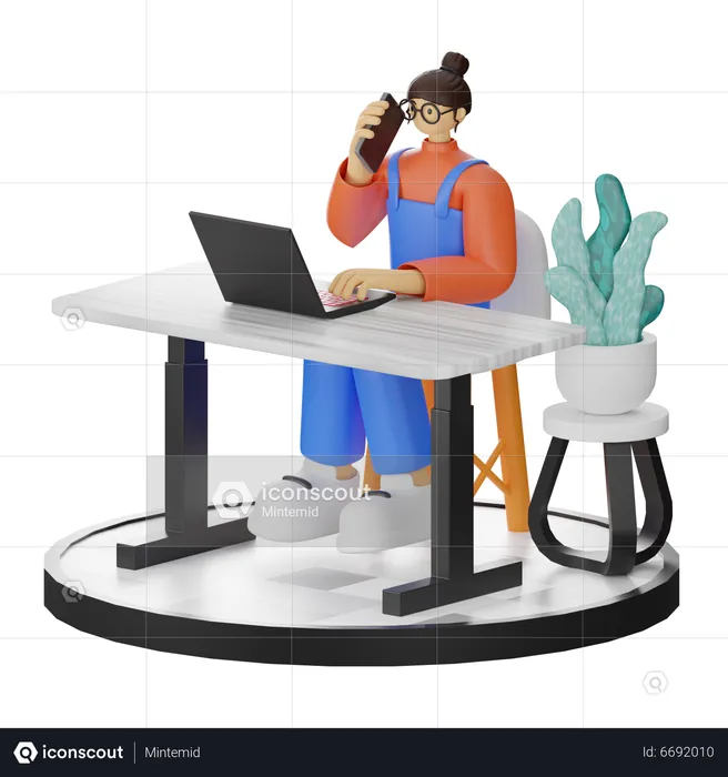 Mujer hablando por teléfono inteligente mientras trabaja  3D Illustration