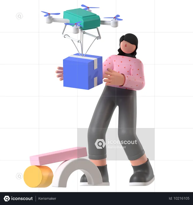 Mujer haciendo entregas con dron  3D Illustration