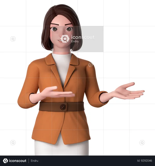 Mujer joven presentando hacia el lado derecho usando ambas manos  3D Illustration