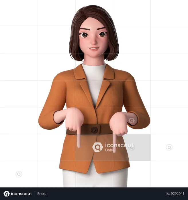 Mujer joven apuntando hacia el lado inferior con ambas manos  3D Illustration