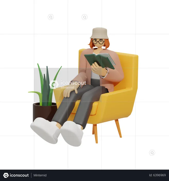 Libro de ambiente de lectura de mujer  3D Icon