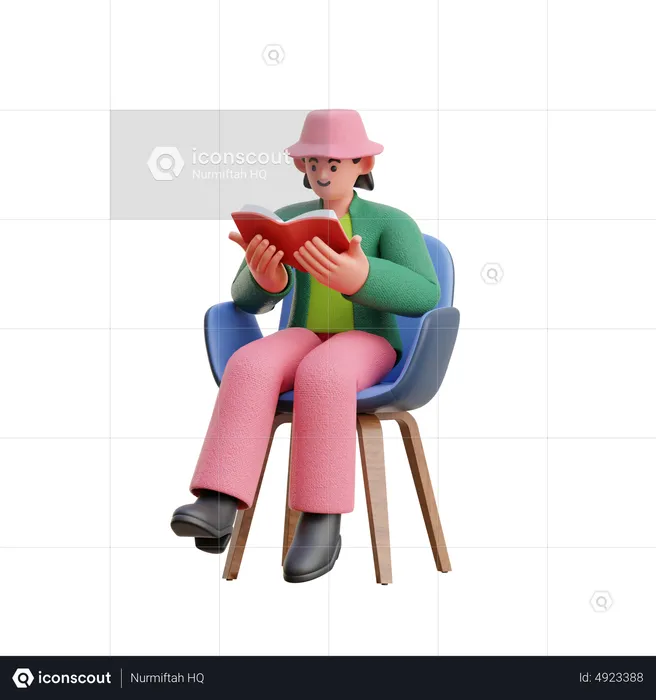 Mujer leyendo un libro mientras está sentada en una silla  3D Illustration