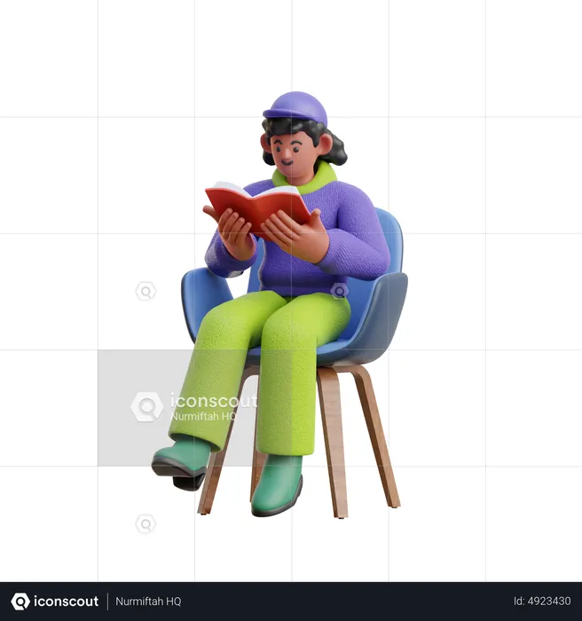 Mujer leyendo un libro mientras está sentada en una silla  3D Illustration