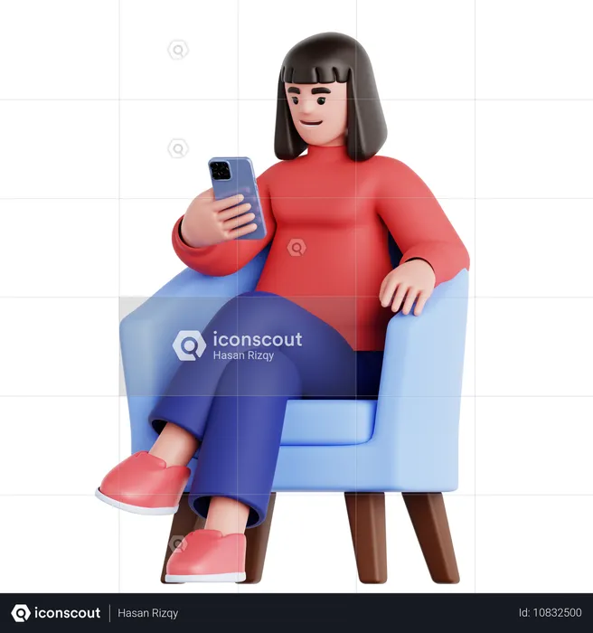 Mujer sentada en el sofá mirando el teléfono  3D Illustration