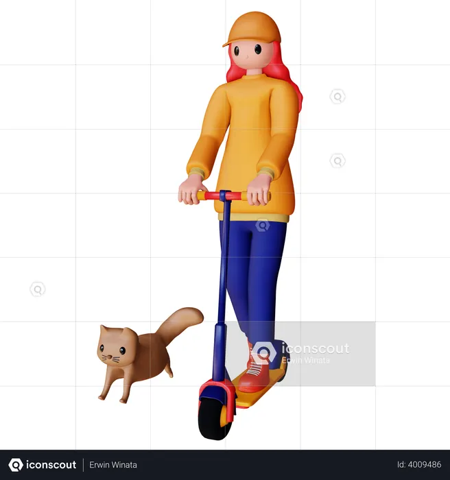 Mujer montando scooter con gato  3D Illustration