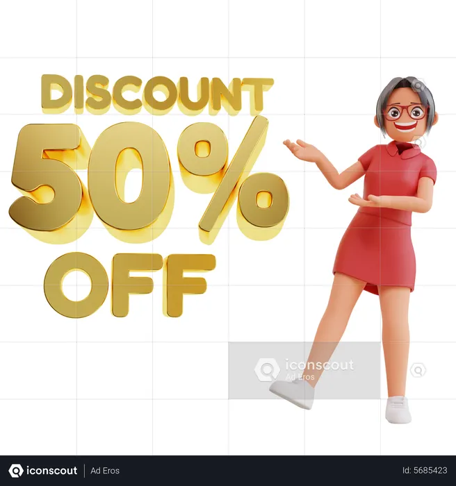 Mujer mostrando descuento del 50 por ciento  3D Illustration