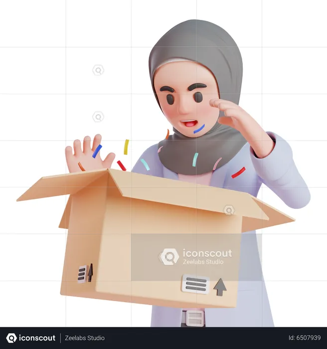 Mujer musulmana sorprendida al abrir una caja  3D Illustration