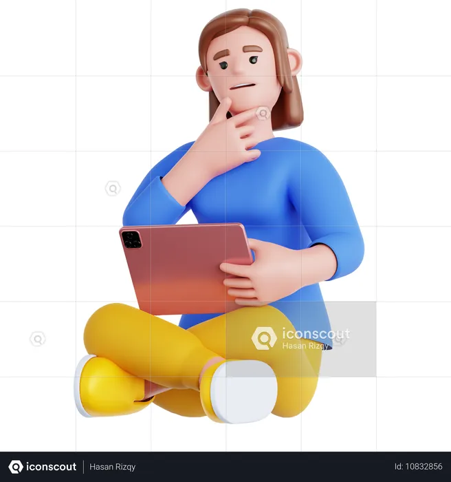 Mujer sentada con un bolígrafo y sosteniendo una tableta  3D Illustration