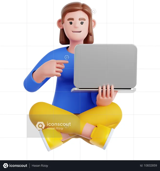 Mujer sentada en el suelo señalando una computadora portátil  3D Illustration