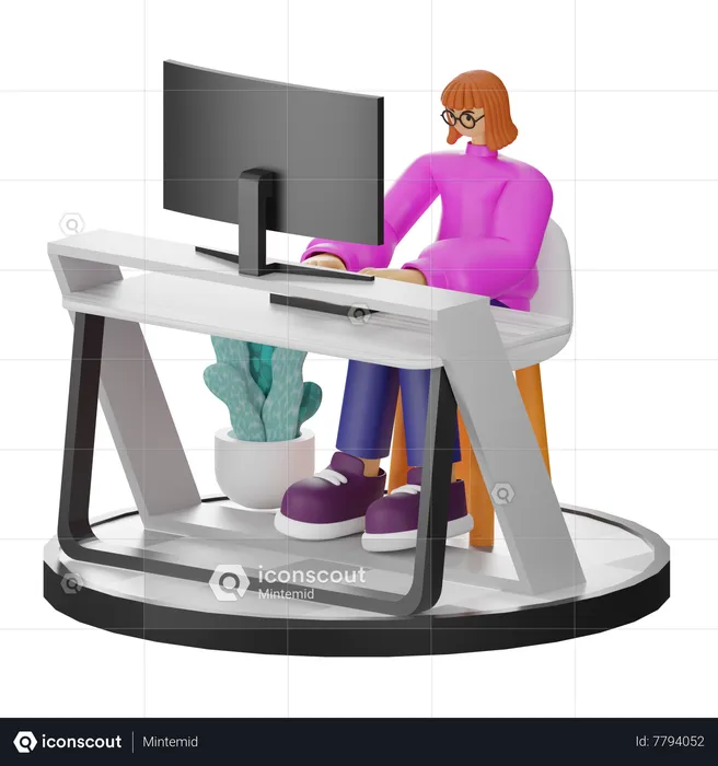 Mujer sentada en la mesa y trabajando en la computadora  3D Illustration
