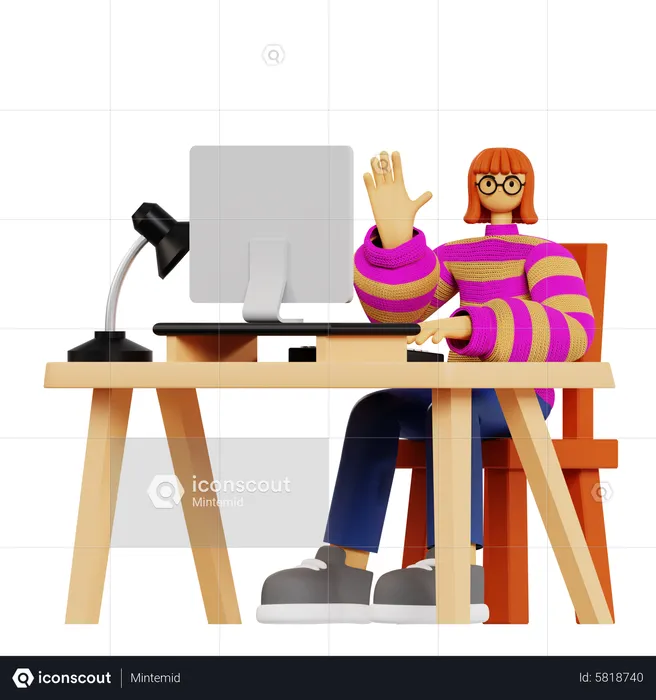 Mujer trabajadora saluda en el lugar de trabajo  3D Illustration