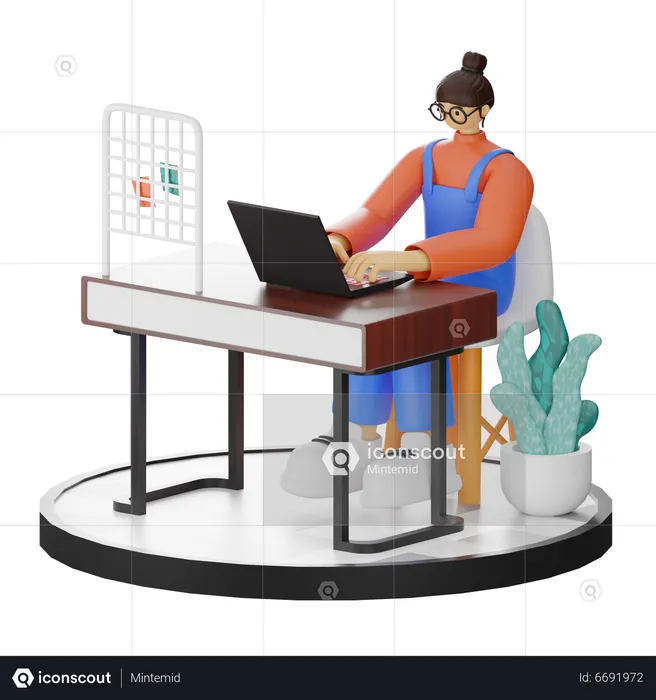 Mujer trabajando en una computadora portátil en la oficina  3D Illustration