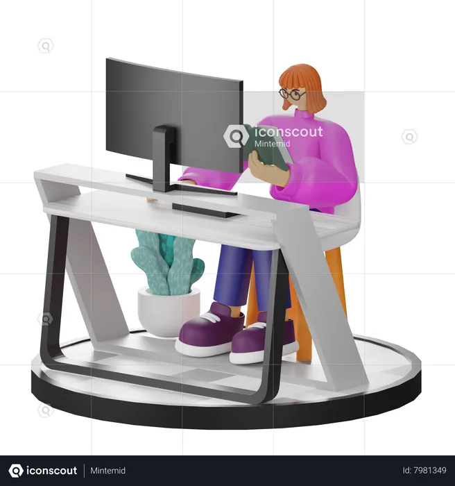 Mujer trabajando en la computadora portátil  3D Illustration