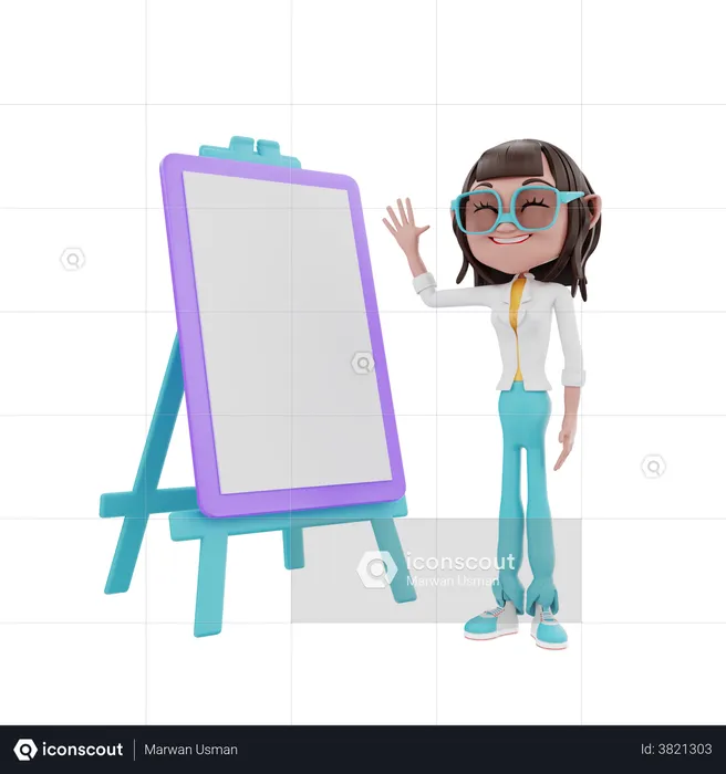 Mulher acenando com a mão com placa de apresentação  3D Illustration